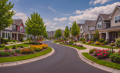 A street with houses on both sides and a sidewalk. The houses are all different colors and styles. There are trees lining the street and a flower garden in front of one of the houses