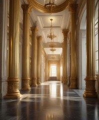 Obraz premium Grand hallway with tall, slender columns and a gleaming golden banister, banisters, hallways, columns