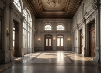 Fototapeta premium Grand entrance hall with high ceilings and intricate moldings , old wood, mansion, grand staircase