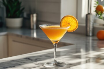 A glass of lemonade with a slice of orange on the rim, sitting on a kitchen counter.