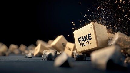Wooden Blocks with Fake Fact Concept Surrounded by Stones and Dust in Dark Background Setting