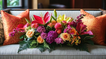 A chic couch arrangement with striking cushion and blooms that creates a welcoming and upbeat ambiance
