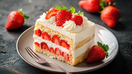 A decadent strawberry shortcake with layers of tender sponge cake, whipped cream, and fresh strawberries