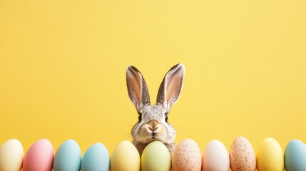 Easter background with colorful eggs and bunny on a yellow background