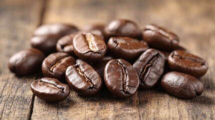 Naklejka premium Close-up of roasted coffee beans scattered on a rustic wooden surface, evoking a cozy caf? atmosphere