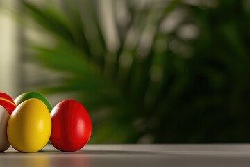 Colorful eggs sit elegantly on surface, bathed in soft natural l