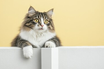 A curious cat with fluffy fur peeks over a white barrier against a bright yellow background.