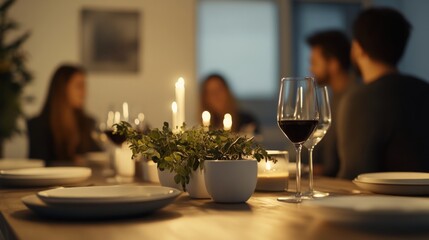 Obraz premium Cozy Dinner Gathering with Friends Surrounded by Candles and Plants
