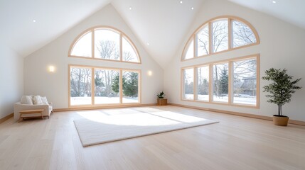 Obraz premium Bright studio room with large windows, winter view. Ideal for yoga, meditation, or relaxation