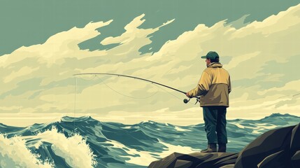 Illustration of a Fisherman Standing on Rocky Shore Casting a Line into the Ocean Waves  
