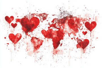 Watercolor world map with hearts; global love; Valentine's Day; romantic art; social media