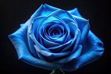 Obraz premium Blue Rose Black Background Deep Focus AI Photo, Stunning Blue Rose, Black Background, High Definition, Macro Photography