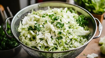 A colander with raw cos cabbage salads