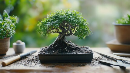 Scene of a bonsai tree care setup. Featuring bonsai tree, tools, and soil. Highlighting the art of bonsai cultivation. Ideal for gardening and nature blogs.