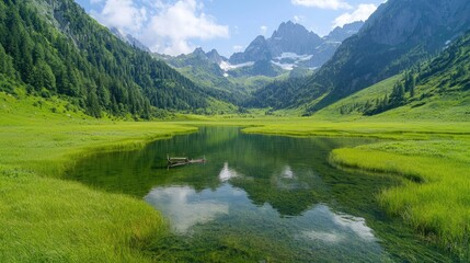 Alpine lake reflecting mountains, summer day, peaceful valley