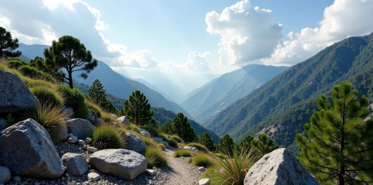 Rocky terrain with coniferous trees shrouded in cloud, clouds, landscape, pachuca