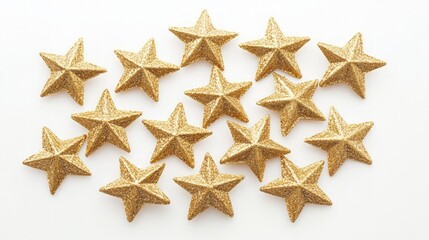 Obraz premium Glittering Gold Stars Arranged Artistically on White Background