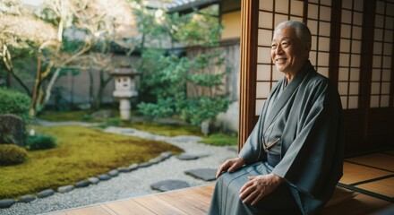Elderly asian male in traditional attire enjoying serene japanese zen garden setting