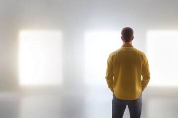 Fototapeta premium Silhouette of person in yellow shirt gazing at bright light sour