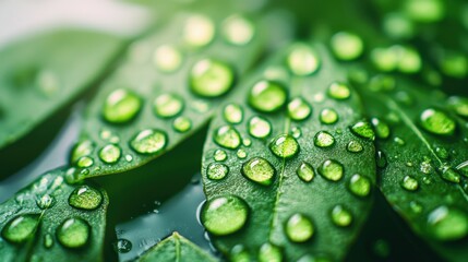 Trust confidence and transparency, Close-up of green leaves adorned with shimmering droplets of water, showcasing nature's beauty and freshness.