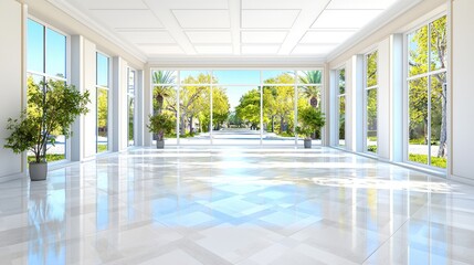 Fototapeta premium Luxurious sunlit conservatory with marble floor, overlooking a tree-lined avenue, ideal for interior design or real estate