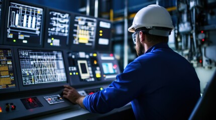 A close-up of a power plant engineer in a control room monitoring digital displays and control panels, with the background showing various power generation equipment, Power plant control room scene