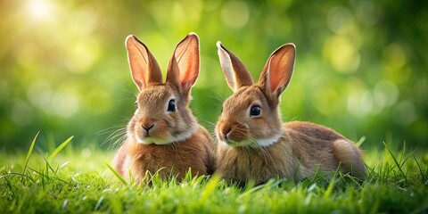 Obraz premium Brown Rabbits Resting on Green Grass with White Rabbit
