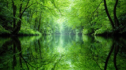 Fototapeta premium Lush green forest trees reflecting on the calm surface of a quiet river during a bright day.