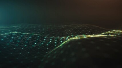Modern sci-fi abstract artwork with cyan-green glowing dots and connecting lines, 3D wavy mesh illusion, dark backdrop contrast, futuristic network patterns, luminous geometry and volumetric depth.