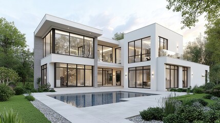 Modern house, pool, twilight, trees, luxury home design