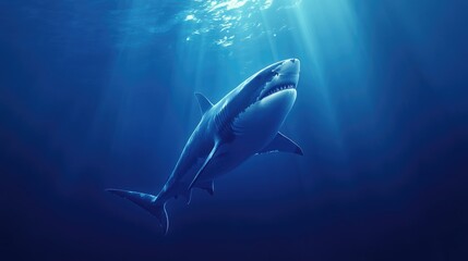 Fototapeta premium A majestic oceanic predator, a deep blue shark swimming gracefully in the deeper parts of the ocean, its sharp eyes focused on the horizon