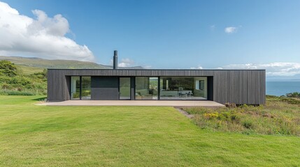 Fototapeta premium A modern detached house in a minimalist design with large glass windows and simple, neutral tones blending into a serene landscape.