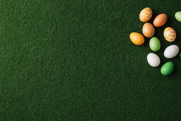 Colorful eggs scattered on vibrant green surface evoke festive a