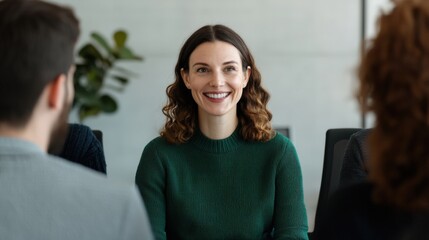 Obraz premium Trust confidence and transparency, A smiling woman in a green sweater attends a meeting, radiating confidence and positivity while seated across from two individuals.