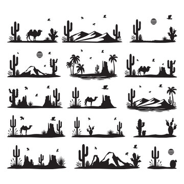  minimalist desert landscape vector silhouette logo, black and white collection