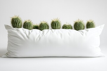 A surreal image of green cacti arranged on a soft white pillow, blending natural textures with the concept of comfort and contrast