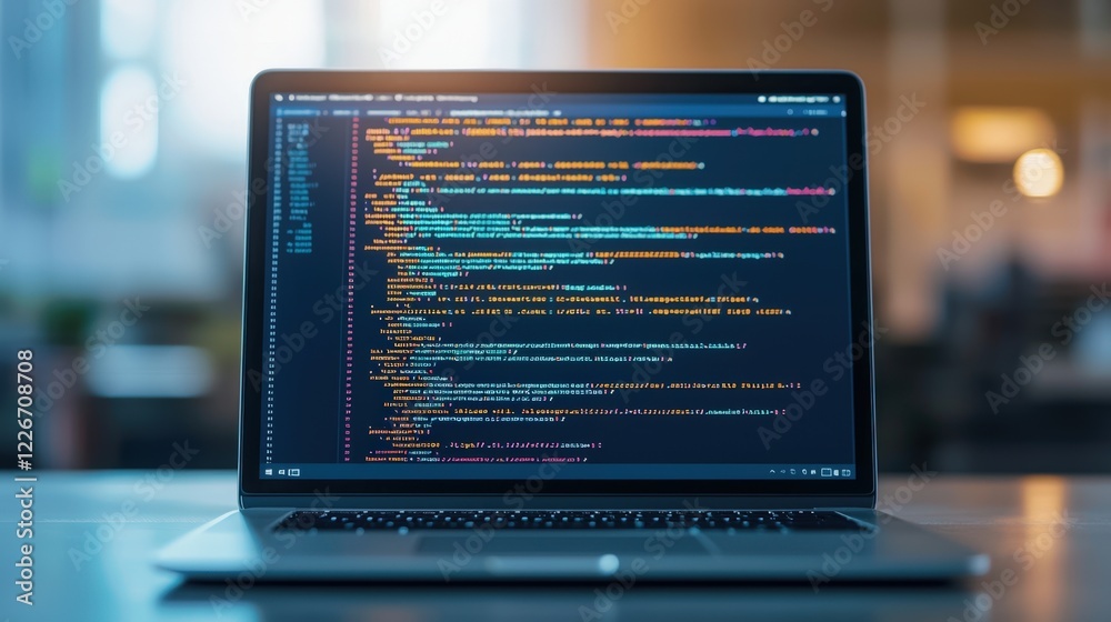 Wall mural trust confidence and transparency, a laptop displays colorful code on its screen, suggesting program