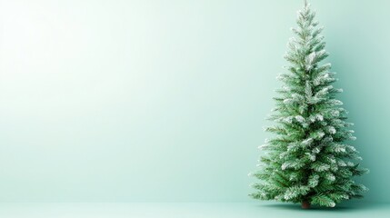 Snow-covered Christmas tree against a light green wall, holiday background