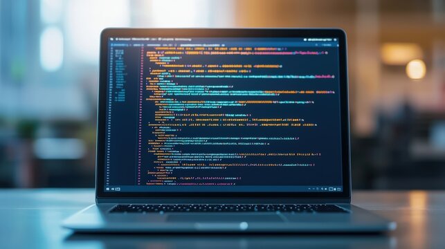 Trust confidence and transparency, A laptop displays colorful code on its screen, suggesting programming, software development, and technology in a modern workspace.