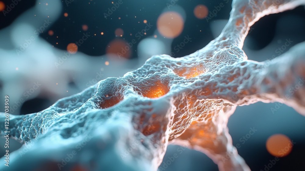 Poster intricate close-up view of cellular structure with glowing elements and soft bokeh background