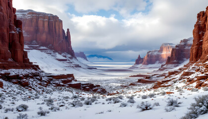Snow Covered Canyon Landscape with Red Rock Formations Under a Cloudy Sky