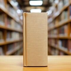 A book placed on a table in a library, with bookshelves filled with books in the background.