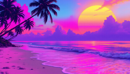 Vibrant Pink And Purple Tropical Sunset Beach Scene With Palm Trees