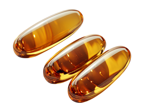 Golden-amber gelatin capsules isolated on transparent background