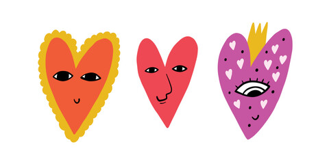 Set Doodle Funky Y2K Heart Colorful Sign. Valentine Love Shape Collection. Abstract Hand Drawn Vector Isolated Illustration