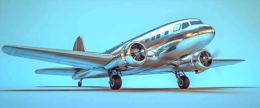 Silver Retro Airplane on Blue Background