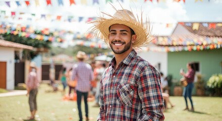 Hispanic man in straw hat celebrating summer festival outdoors with colorful bunting decor