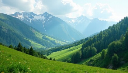 Obraz premium Rolling hills covered in lush greenery with snow-capped peaks, rugged terrain, calm, foliage