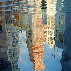 Reflections of Urban Landscape in Calm Water Body at Sunset