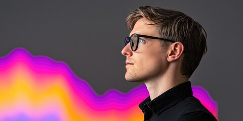 Obraz premium A profile view of a man wearing glasses, set against a vibrant, colorful background with a wave pattern.